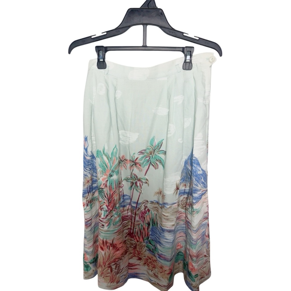 VTG Skirt Tropical Print Pleat Light Green Full 15/16 12/14